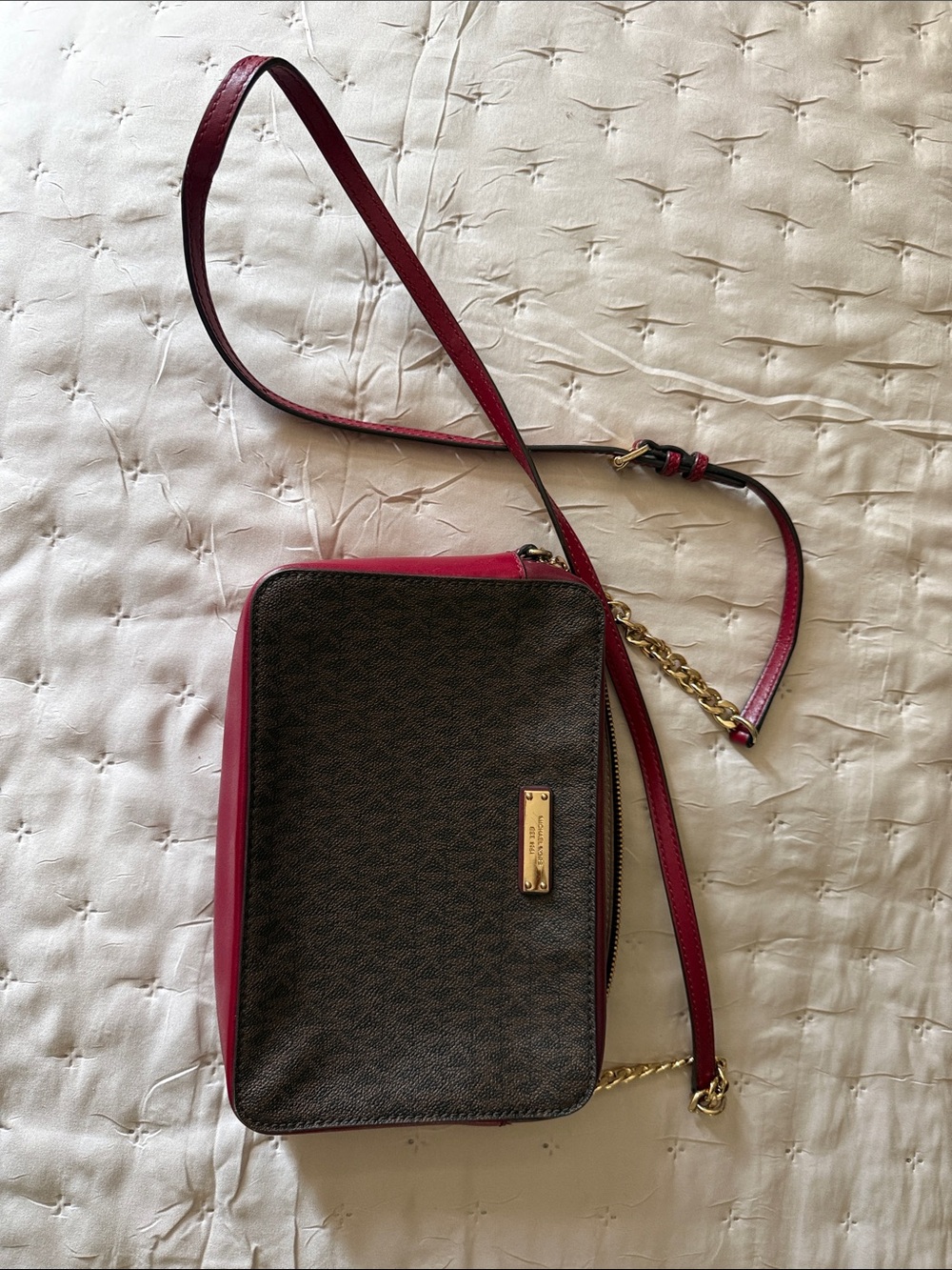 Michael Kors Brown and Red Trim Crossbody Bag